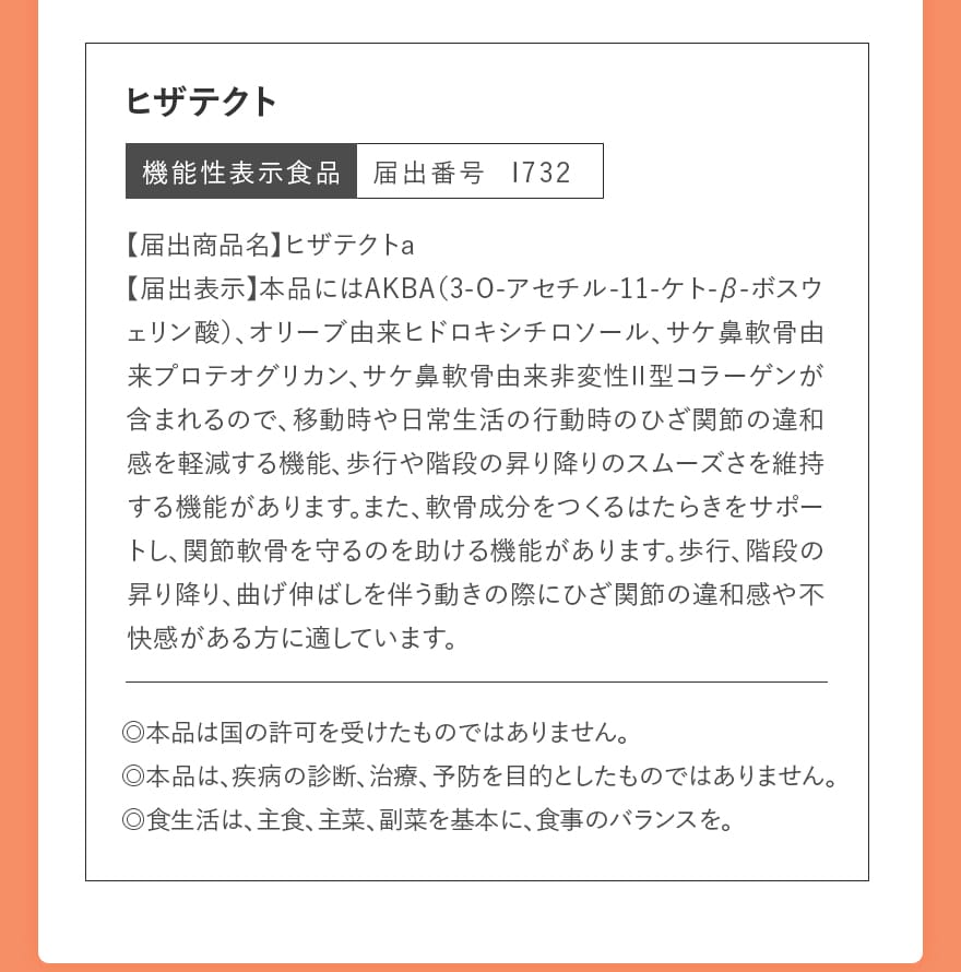 ヒザテクト｜機能性表示食品 届出番号 I732｜【届出商品名】ヒザテクトａ【届出表示】本品にはAKBA（3-O-アセチル-11-ケト-β-ボスウェリン酸）、オリーブ由来ヒドロキシチロソール、サケ鼻軟骨由来プロテオグリカン、サケ鼻軟骨由来非変性Ⅱ型コラーゲンが含まれるので、移動時や日常生活の行動時のひざ関節の違和感を軽減する機能、歩行や階段の昇り降りのスムーズさを維持する機能があります。また、軟骨成分をつくるはたらきをサポートし、関節軟骨を守るのを助ける機能があります。歩行、階段の昇り降り、曲げ伸ばしを伴う動きの際にひざ関節の違和感や不快感がある方に適しています。◎本品は国の許可を受けたものではありません。 ◎本品は、疾病の診断、治療、予防を目的としたものではありません。 ◎食生活は、主食、主菜、副菜を基本に、食事のバランスを。