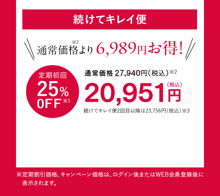 続けてキレイ便 通常価格※2より6,989円お得！ 定期初回25%0FF※1 20,951円（税込）