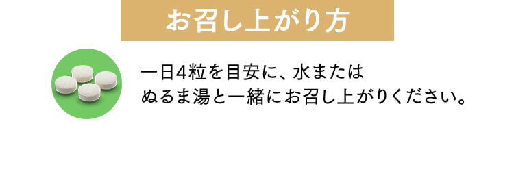 お召し上がり方 一日4粒を目安に、水またはぬるま湯と一緒にお召し上がりください。