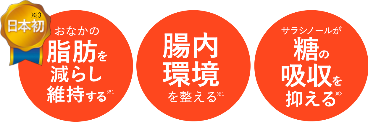 おなかの脂肪を減らし維持する／腸内環境を整える／サラシノールが糖の吸収を抑える
