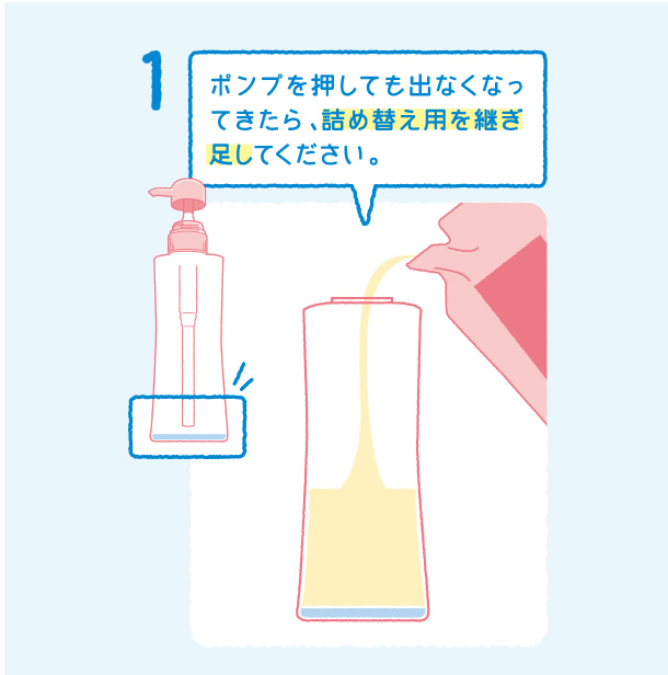 ポンプを押しても出なくなってきたら、詰め替え用を継ぎ足してください。