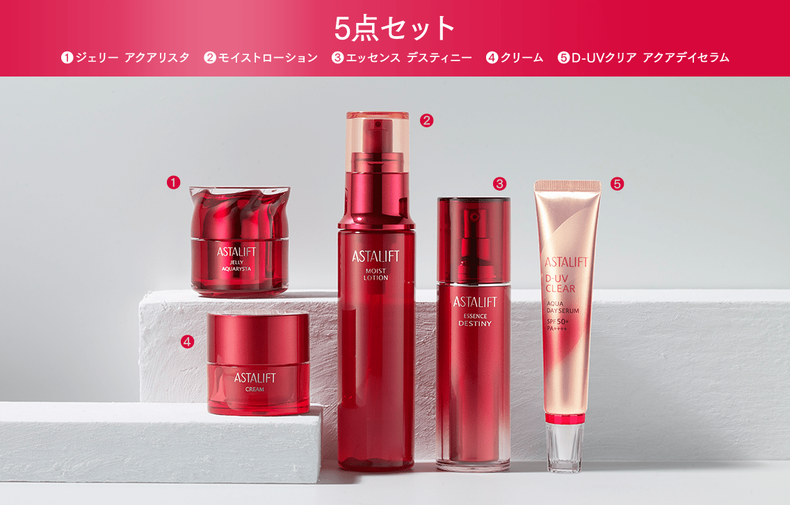 5点セット 1.ジェリー アクアリスタ 2.モイストローション 3.エッセンス デスティニー 4.クリーム 5.D-UVクリア アクアデイセラム
