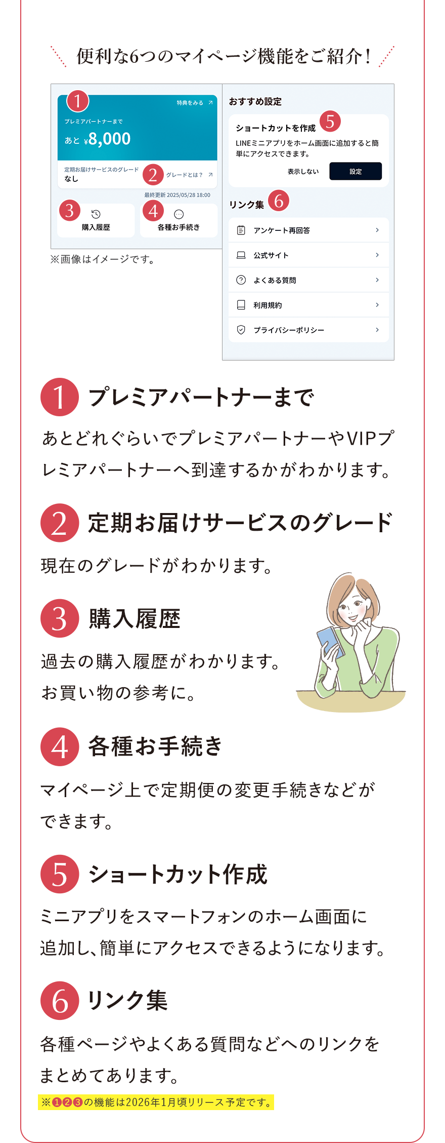 
							便利な6つのマイページ機能をご紹介！
							※画像はイメージです。
							1 プレミアパートナーまで あとどれぐらいでプレミアパートナーやVIPプレミアパートナーへ到達するかがわかります。
							2 定期お届けサービスのグレード 現在のグレードがわかります。
							3 購入履歴 過去の購入履歴がわかります。 お買い物の参考に。
							4 各種お手続き マイページ上で定期便の変更手続きなどができます。
							5 ショートカット作成 ミニアプリをスマートフォンのホーム画面に追加し、簡単にアクセスできるようになります。
							6 リンク集 各種ページやよくある質問などへのリンクをまとめてあります。※❶❷❸の機能は2026年1月頃リリース予定です。
							