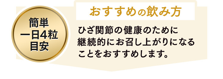 おすすめの飲み方 簡単一日4粒目安 ひざ関節の健康のために継続的にお召し上がりになることをおすすめします。