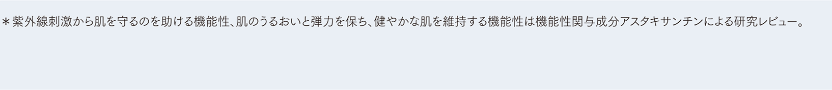 ＊紫外線刺激から肌を保護するのを助ける機能性、肌のうるおいと弾力を保ち、健やかな肌を維持する機能性は機能性関与成分アスタキサンチンによる研究レビュー。