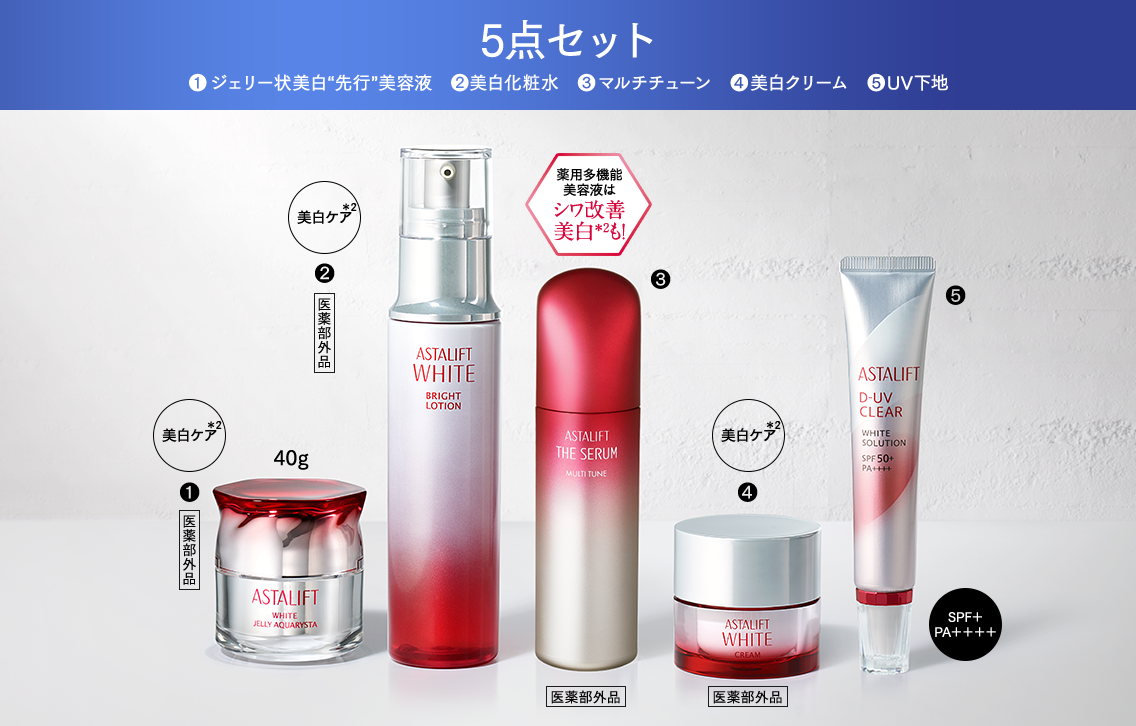 5点セット ❶ジェリー状美白“先行”美容液 ❷美白化粧水 ❸マルチチューン ❹美白クリーム ❺UV下地