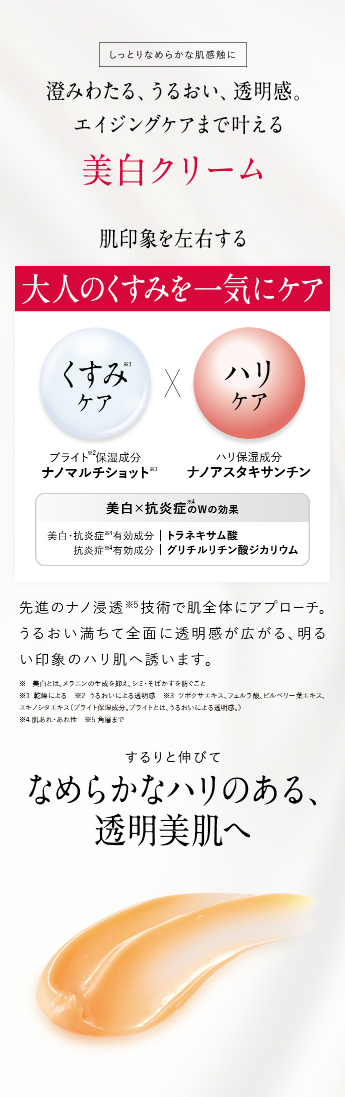 しっとりなめらかな肌感触に 澄みわたる、うるおい、透明感。 エイジングケアまで叶える 美白クリーム 肌印象を左右する 大人のくすみを一気にケア くすみ※1 ケア X ハリ ケア ブライト※3保湿成分 ナノマルチショット※3 ハリ保湿成分 ナノアスタキサンチン 美白×抗炎症のWの効果 美白・抗炎症※4有効成分|トラネキサム酸 抗炎症※4有効成分|グリチルリチン酸ジカリウム 先進のナノ浸透※5技術で肌全体にアプローチ。 うるおい満ちて全面に透明感が広がる、明るい印象のハリ肌へ誘います。 ※美白とは、メラニンの生成を抑え、シミ・そばかすを防ぐこと ※1乾燥による ※2うるおいによる透明感 ※3ツボクサエキス、フェルラ酸、ビルベリー葉エキス、アセンヤクエキス(すべて保湿成分)。ブライトとは、うるおいによる透明感。) ※4肌あれ・あれ性 ※5角層まで するりと伸びて なめらかなハリのある、 透明美肌へ