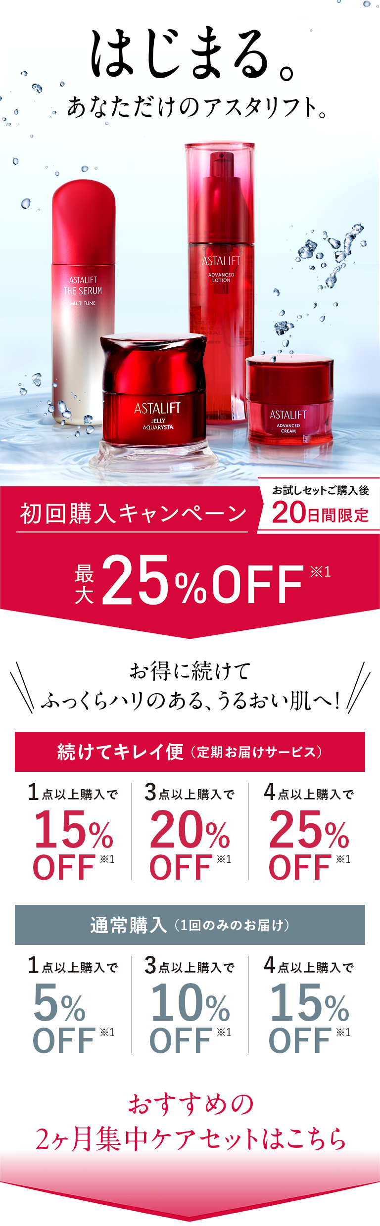 はじまる。あなただけのアスタリフト お得に続けてふっくらハリのある、うるおい肌へ！続けてキレイ便（定期お届けサービス）1点以上購入で15%OFF*1 3点以上購入で20%OFF 4点以上購入で25%OFF*1 通常購入（1回のみのお届け）1点以上購入で5%OFF 3点以上購入で10%OFF*1 4点以上購入で15%OFF※1 おすすめの2ヶ月集中ケアセットはこちら