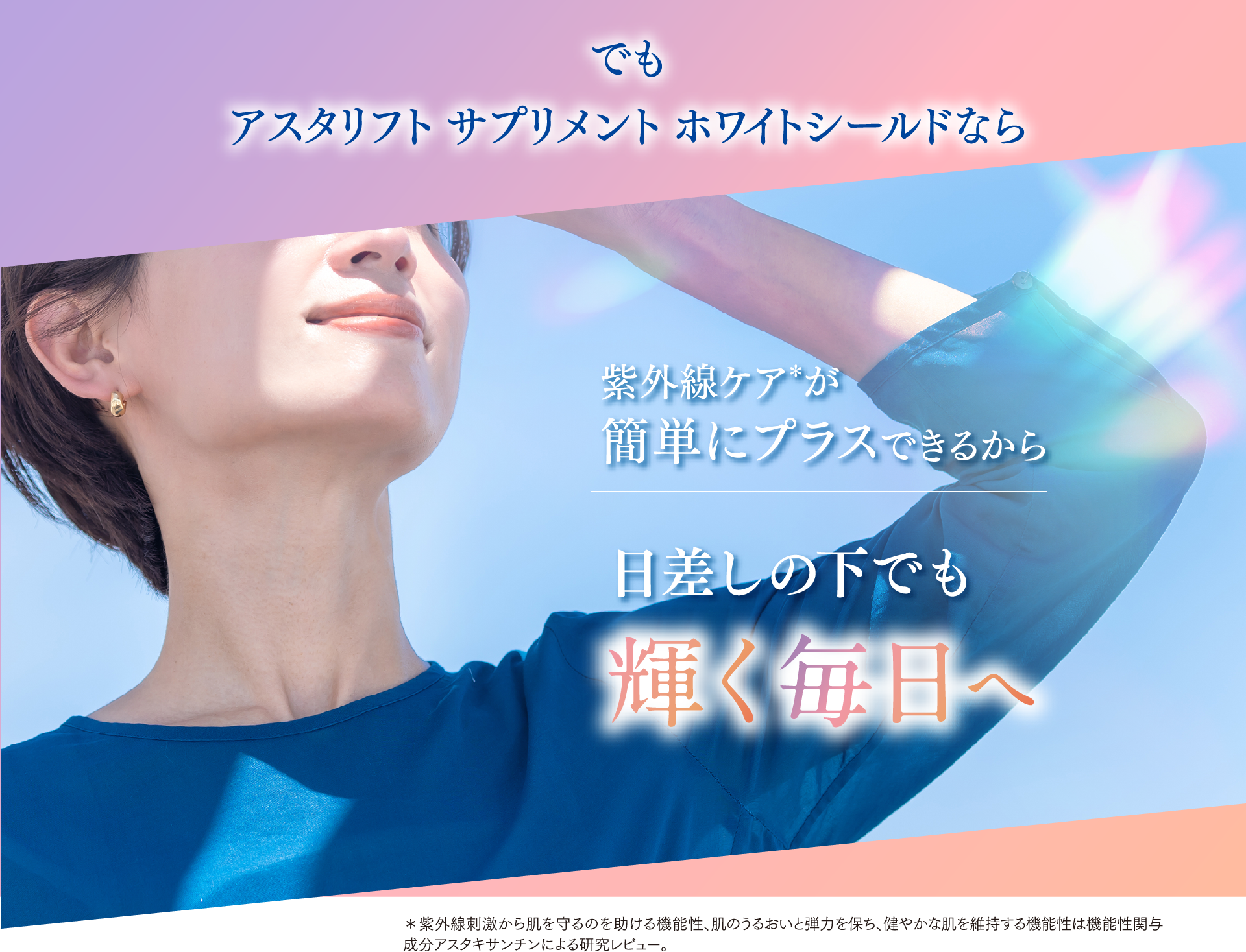 でもアスタリフト サプリメント ホワイトシールドなら 紫外線ケア＊が簡単にプラスできるから 日差しの下でも輝く毎日へ
