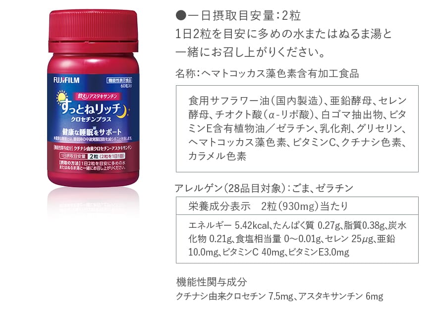 ●一日摂取目安量:2粒 1日2粒を目安に多めの水またはぬるま湯と一緒にお召し上がりください。名称:ヘマトコッカス藻色素含有加工食品 食用サフラワー油(国内製造)、亜鉛酵母、セレン酵母、チオクト酸(α-リポ酸)、白ゴマ抽出物、ビタミンE含有植物油/ゼラチン、乳化剤、グリセリン、ヘマトコッカス藻色素、ビタミンC、クチナシ色素、カラメル色素 アレルゲン(28品目対象):ごま、ゼラチン 栄養成分表示 2粒(930mg)当たり エネルギー 5.42kcal、たんぱく質 0.27g、脂質0.38g、炭水化物 0.21g、食塩相当量 0~0.01g、セレン 25μg、亜鉛 10.0mg、ビタミンC 40mg、ビタミンE3.0mg 機能性関与成分 クチナシ由来クロセチン 7.5mg、アスタキサンチン 6mg