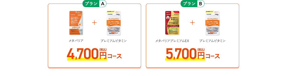 ［プランA］メタバリア+プレミアムビタミン 4,700円（税込）コース　［プランB］メタバリアプレミアムEX+プレミアムビタミン 5,700円（税込）コース