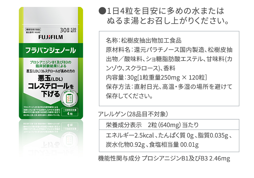 ●1日4粒を目安に多めの水またはぬるま湯とお召し上がりください。｜名称：松樹皮抽出物加工食品　原材料名：還元パラチノース国内製造、松樹皮抽出物／酸味料、ショ糖脂肪酸エステル、甘味料(カンゾウ、スクラロース)、香料　内容量：30g[1粒重量250mg × 120粒］保存方法：直射日光、高温・多湿の場所を避けて保存してください。｜アレルゲン（28品目不対象）｜栄養成分表示　2粒（640mg）当たり｜エネルギー2.5kcal 、たんぱく質 0g 、脂質0.035g 、炭水化物0.92g 、食塩相当量 00.01g｜機能性関与成分 プロシアニジンB1及びB3 2.46mg