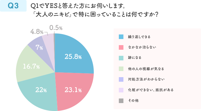 Q3 Q1でYESと答えた方にお伺いします。「大人のニキビ」で特に困っていることは何ですか？