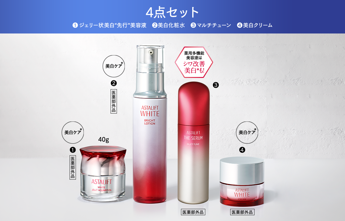 4点セット ❶ジェリー状美白“先行”美容液 ❷美白化粧水 ❸マルチチューン ❹美白クリーム