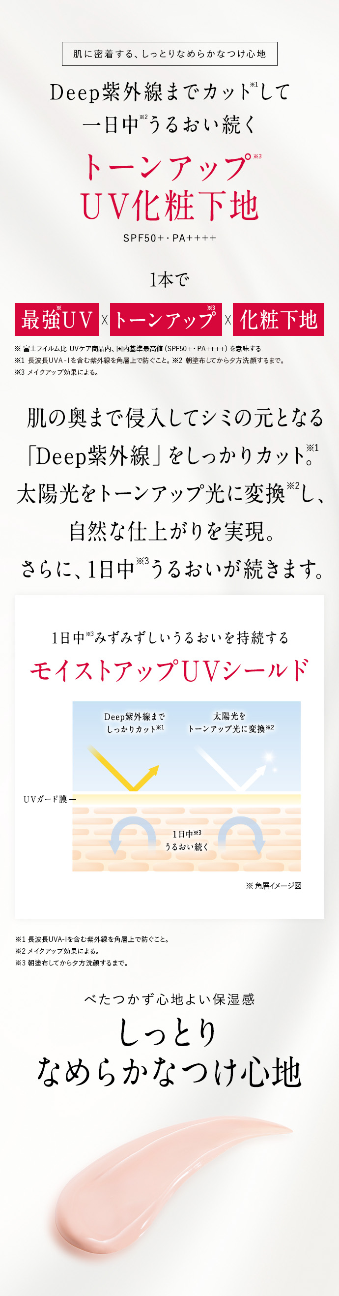 肌に密着する、しっとりなめらかなつけ心地 Deep紫外線までカット※1して 一日中※2うるおい続く トーンアップ※3 UV化粧下地 SPF50+・PA++++ 1本で 最強UV×トーンアップ×化粧下地 ※富士フイルムは、UVケア商品内、国内基準最高値(SPF50+)・PA++++)を意味する。 ※1長波長UVA-Iを含む紫外線を角層上で防ぐこと。 ※2朝塗布してから夕方洗顔するまで。 ※3メイクアップ効果による。 肌の奥まで侵入してシミの元となる 「Deep紫外線」をしっかりカット※1 太陽光をトーンアップ光に変換し、 自然な仕上がりを実現。 さらに、1日中※3うるおいが続きます。 1日中※3みずみずしいうるおいを持続する モイストアップUVシールド Deep紫外線まで しっかりカット※1 太陽光を トーンアップ光に変換※2 UVガード膜一 1日中※2 うるおい続く ※角層イメージ図 ※1長波長UVA-Iを含む紫外線を角層上で防ぐこと。 ※2メイクアップ効果による。 ※3朝塗布してから夕方洗顔するまで。 べたつかず心地よい保湿感 しっとり なめらかなつけ心地