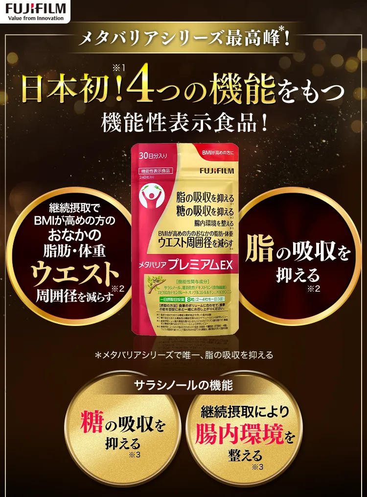 メタバリアシリーズ最高峰！日本初！4つの機能をもつ機能性表示食品！メタバリアプレミアムEX