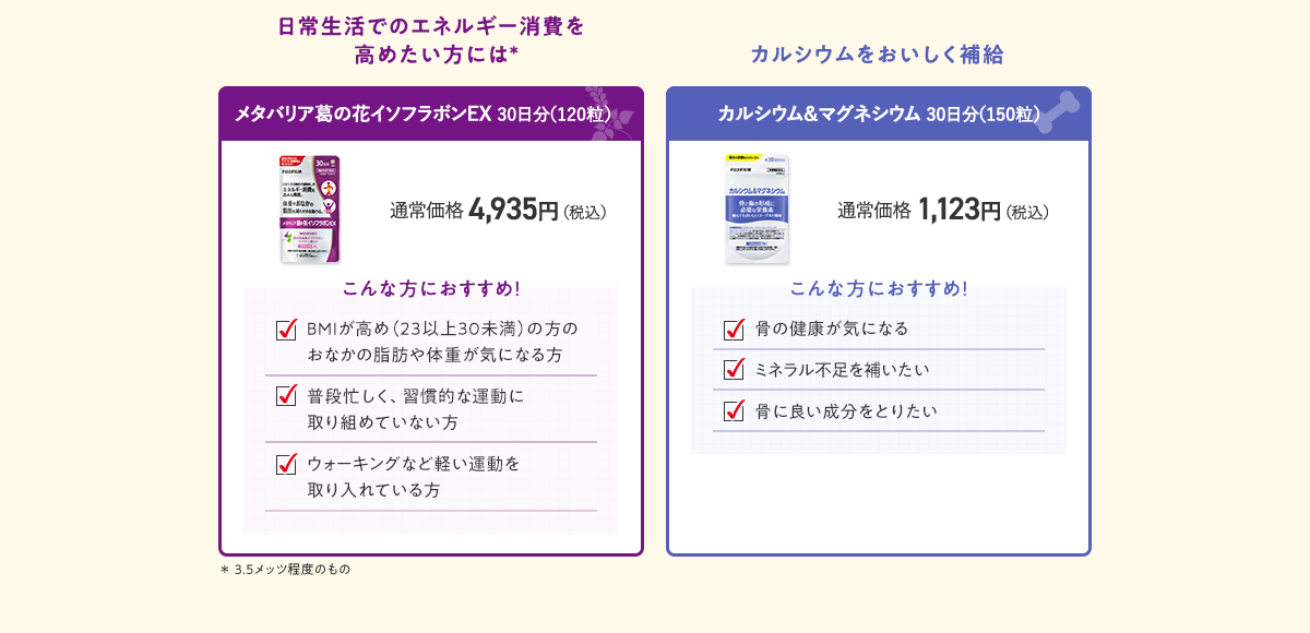 日常生活でのエネルギー消費を高めたい方にはメタバリア葛の花イソフラボンEX 30日分（120粒）／カルシウムをおいしく補給 カルシウム＆マグネシウム 30日分（150粒）