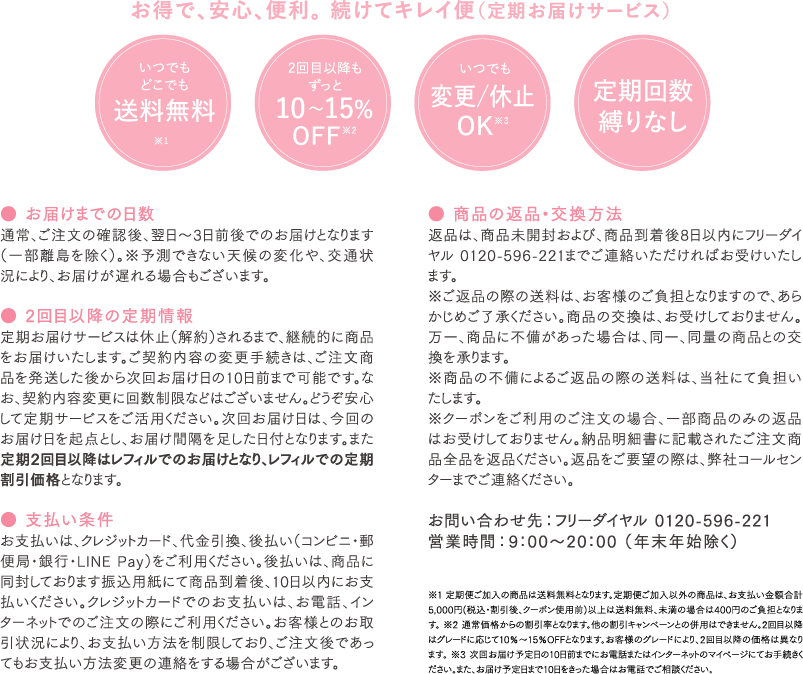 お得で、安心、便利。 続けてキレイ便（定期お届けサービス）