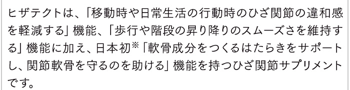 ヒザテクトは、「移動時や日常生活の行動時のひざ関節の違和感を軽減する」機能、「歩行や階段の昇り降りのスムーズさを維持する」機能に加え、日本初※「軟骨成分をつくるはたらきをサポートし、関節軟骨を守るのを助ける」機能を持つひざ関節サプリメントです。