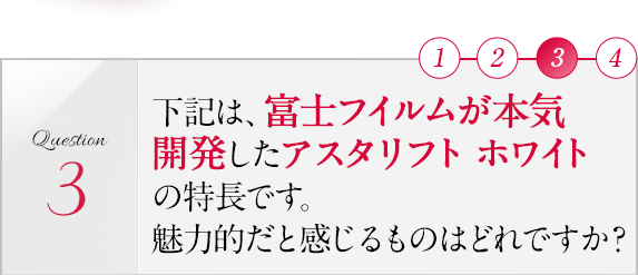 下記は、富士フイルムが本機開発したアスタリフト ホワイトの特徴です。魅力的だと感じるものはどれですか？