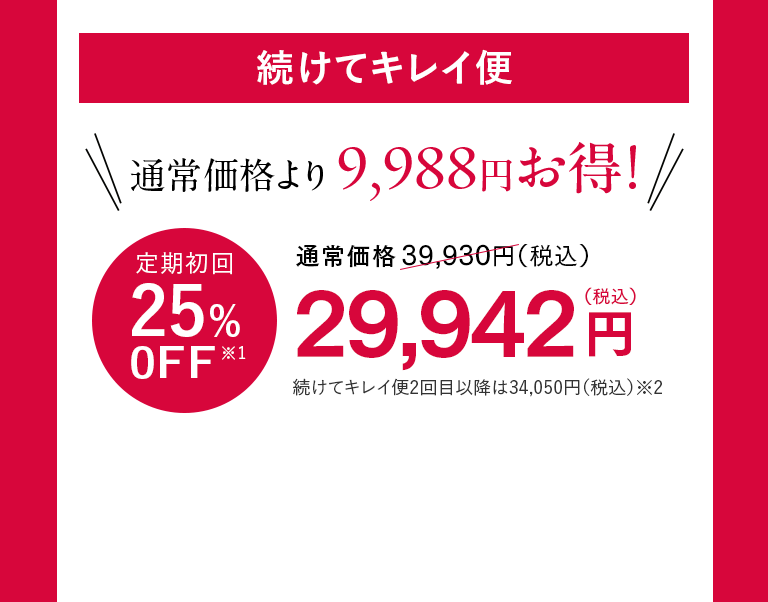 続けてキレイ便 通常価格より9,988円お得！ 定期初回25%0FF※1 29,942円（税込）
