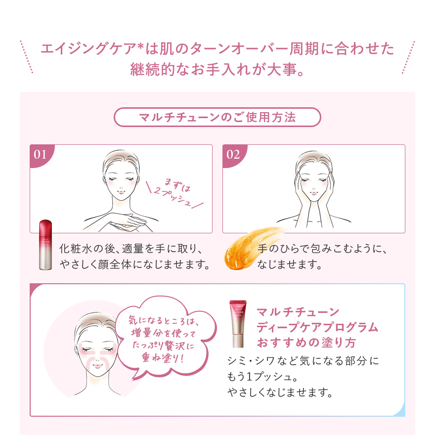 エイジングケア*は肌のターンオーバー周期に合わせた継続的なお手入れが大事。お客様の肌がより健やかになるように「選べる3つのコース」をご用意いたしました。 * 年齢に応じたケアのこと
