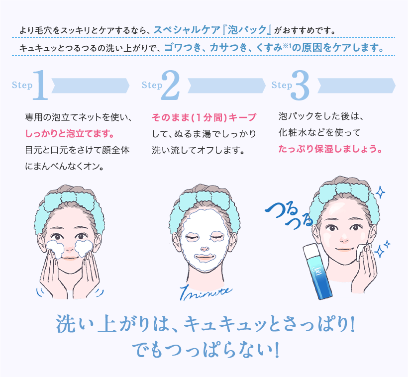 より毛穴をスッキリとケアするなら、スペシャルケア『泡パック』がおすすめです。キュキュッとつるつるの洗い上がりで、ゴワつき、カサつき、くすみ※1の原因をケアします。洗い上がりは、キュキュッとさっぱり!でもつっぱらない!