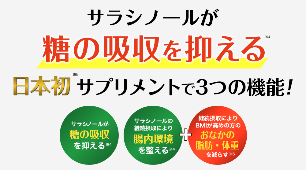 サラシノールが糖の吸収を抑える日本初サプリメントで3つの機能！「糖の吸収を抑える」「腸内環境を整える」「おなかの脂肪・体重を減らす」