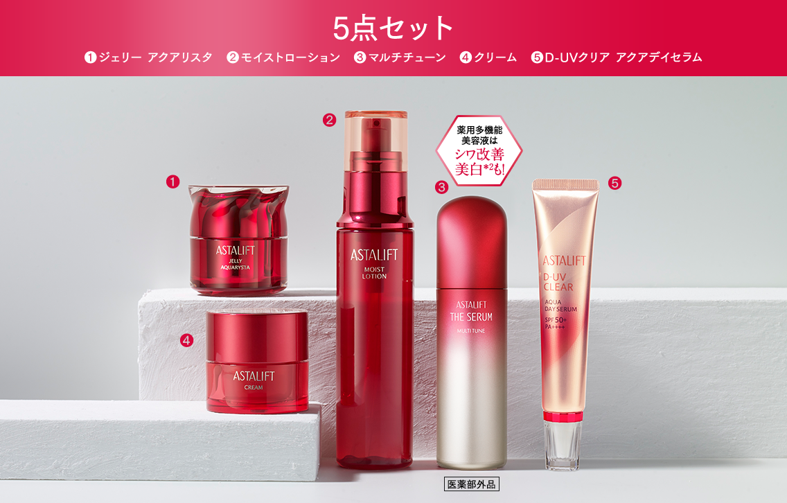 5点セット 1.ジェリー アクアリスタ 2.モイストローション 3.マルチチューン 4.クリーム 5.D-UVクリア アクアデイセラム
