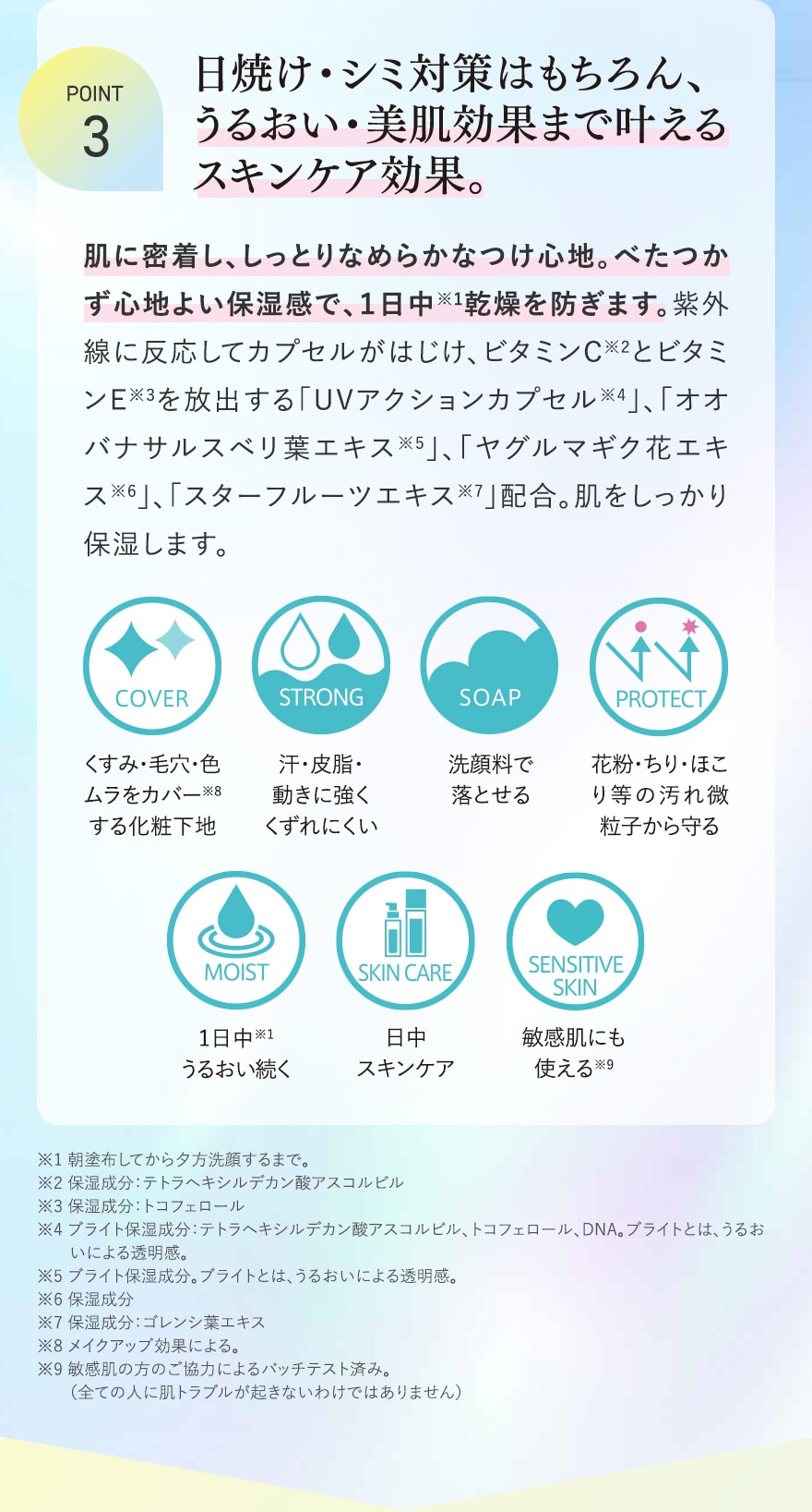 POINT3 日焼け・シミ対策はもちろん、うるおい・美肌効果まで叶えるスキンケア効果。