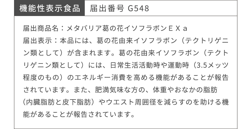 機能性表示食品 届出番号 G548｜届出商品名：メタバリア葛の花イソフラボンＥＸａ 届出表示：本品には、葛の花由来イソフラボン（テクトリゲニン類として）が含まれます。葛の花由来イソフラボン（テクトリゲニン類として）には、日常生活活動時や運動時（3.5メッツ程度のもの）のエネルギー消費を高める機能があることが報告されています。また、肥満気味な方の、体重やおなかの脂肪（内臓脂肪と皮下脂肪）やウエスト周囲径を減らすのを助ける機能があることが報告されています。