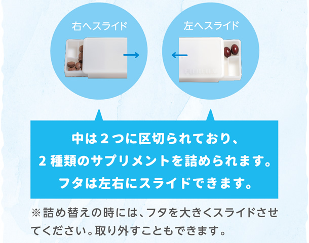 中は２つに区切られており、2種類のサプリメントを詰められます。フタは左右にスライドできます。