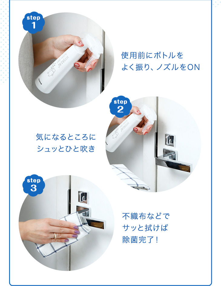 step1 使用前にボトルをよく振り、ノズルをON step2 気になるところにシュッとひと吹き step3 不織布などでサッと拭けば除菌完了！