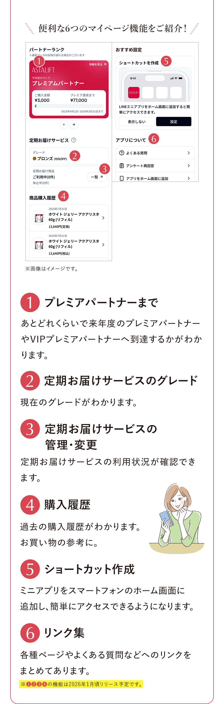 便利な6つのマイページ機能をご紹介！※画像はイメージです。1 プレミアパートナーまで あとどれくらいで来年度のプレミアパートナーやVIPプレミアパートナーへ到達するかがわかります。2 定期お届けサービスのグレード 現在のグレードがわかります。3 定期お届けサービスの管理・変更 定期お届けサービスの利用状況が確認できます。4 購入履歴 過去の購入履歴がわかります。 お買い物の参考に。5 ショートカット作成 ミニアプリをスマートフォンのホーム画面に追加し、簡単にアクセスできるようになります。6 リンク集 各種ページやよくある質問などへのリンクをまとめてあります。※❶❷❸❹の機能は2026年1月頃リリース予定です。