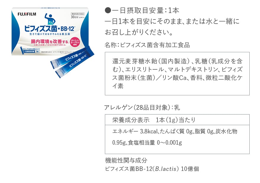 ●一日摂取目安量：1本　一日1本を目安にそのまま、または水と一緒にお召し上がりください。｜名称：ビフィズス菌含有加工食品｜還元麦芽糖水飴（国内製造）、乳糖（乳成分を含む）、エリスリトール、マルトデキストリン、ビフィズス菌粉末（生菌）／リン酸Ca、香料、微粒二酸化ケイ素｜アレルゲン（28品目対象）：乳｜栄養成分表示　1本（1g）当たり　エネルギー 3.8kcal、たんぱく質 0g、脂質 0g、炭水化物 0.95g、食塩相当量 0～0.001g　機能性関与成分　ビフィズス菌BB-12（B.lactis） 10億個