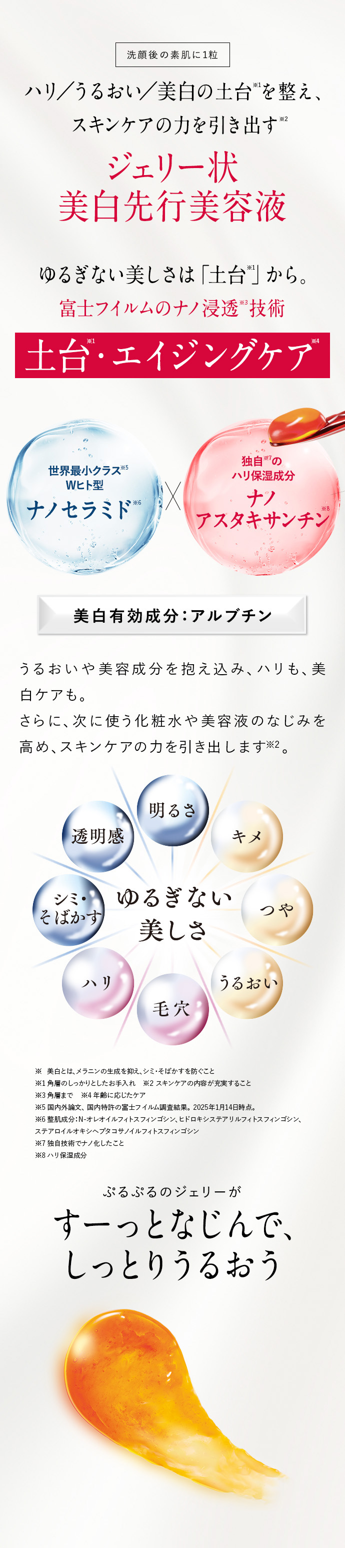 洗顔後の素肌に1粒 ハリ/うるおい/美白の土台を整え、 スキンケアの力を引き出す※2 ジェリー状 美白先行美容液 ゆるぎない美しさは「土台」から。 富士フイルムのナノ浸透技術 土台・エイジングケア 世界最小クラス※5 Wヒト型 ナノセラミド※6 X 独自の ハリ保湿成分 ナノ アスタキサンチン※8 美白有効成分:アルブチン うるおいや美容成分を抱え込み、ハリも、美白ケアも。 さらに、次に使う化粧水や美容液のなじみを高め、スキンケアの力を引き出します※2。 透明感 明るさ キメ シミ・ゆるぎない つや そばかす 美しさ ハリ うるおい 毛穴 ※美白とは、メラニンの生成を抑え、シミ・そばかすを防ぐこと ※1角層のしっかりとしたお手入れ ※2スキンケアの内容が充実すること ※3角層まで ※4年齢に応じたケア ※5国内論文、国内特許の富士フイルム調査結果。2025年1月14日時点。 ※6整肌成分:N-オレオイルフィトスフィンゴシン、ヒドロキシステアリルフィトスフィンゴシン、ステアロイルオキシヘプタコサノイルフィトスフィンゴシン ※7独自技術でナノ化したこと ※8ハリ保湿成分:ヘマトコッカスプルビアリス油 ぷるぷるのジェリーがすーっとなじんで、しっとりうるおう