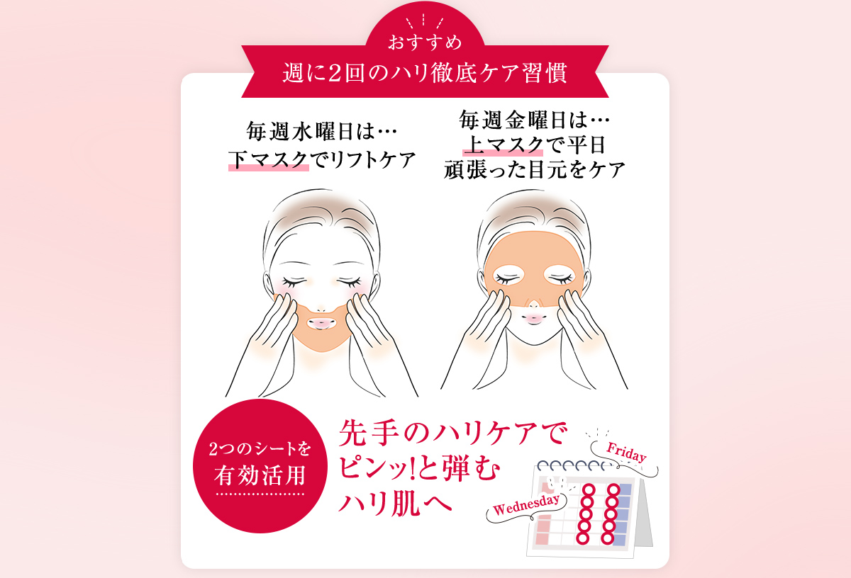 おすすめ 週に２回のハリ徹底ケア習慣 毎週水曜日は…下マスクでリフトケア 毎週金曜日は…上マスクで平日 頑張った目元をケア 2つのシートを有効活用 先手のハリケアでピンッ！と弾むハリ肌へ