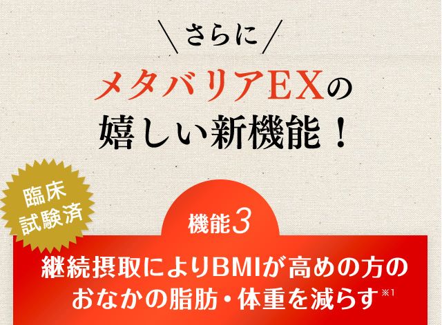 さらにメタバリアEXの嬉しい新機能！【機能3】継続摂取によりBMIが高めの方のお腹の脂肪・体重を減らす