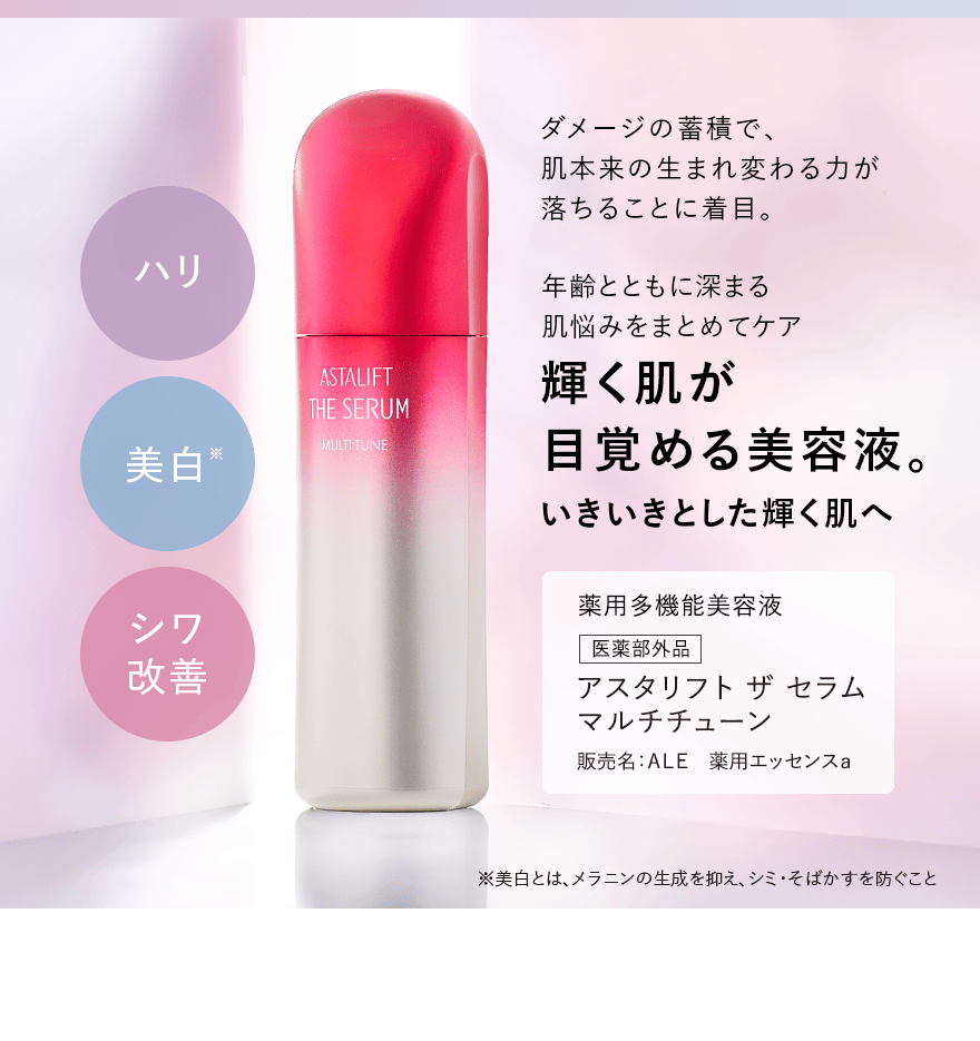 ダメージの蓄積で、肌本来の生まれ変わる力が落ちることに着目。 年齢とともに深まる肌悩みをまとめてケア 輝く肌が目覚める美容液。 いきいきとした輝く肌へ 薬用多機能美容液 医薬部外品 アスタリフト ザ セラム マルチチューン 販売名:ALE 薬用エッセンスa