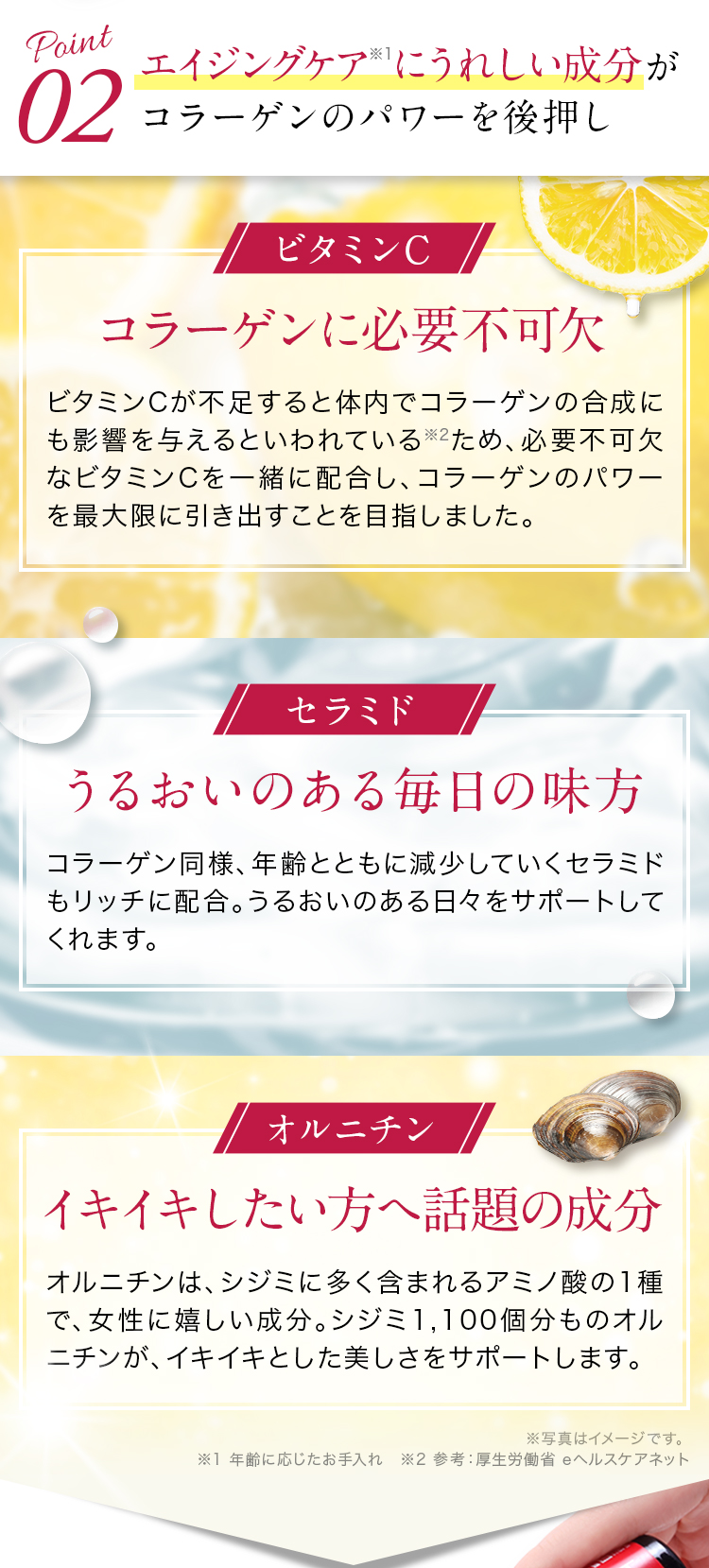 POINT02.エイジングケアにうれしい成分がコラーゲンのパワーを後押し