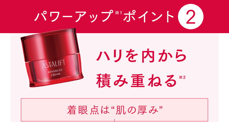 パワーアップ※1ポイント2 ハリを内から積み重ねる※2 着眼点は“肌の厚み”