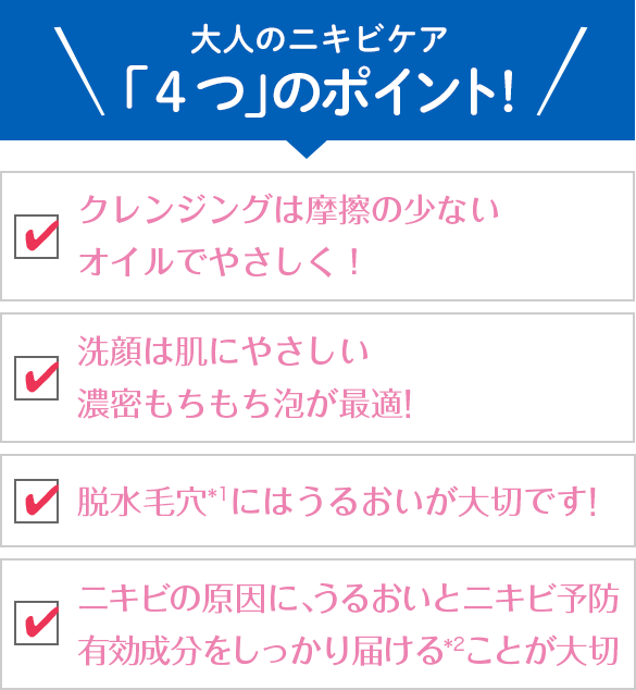 大人のニキビケア「4つ」のポイント!