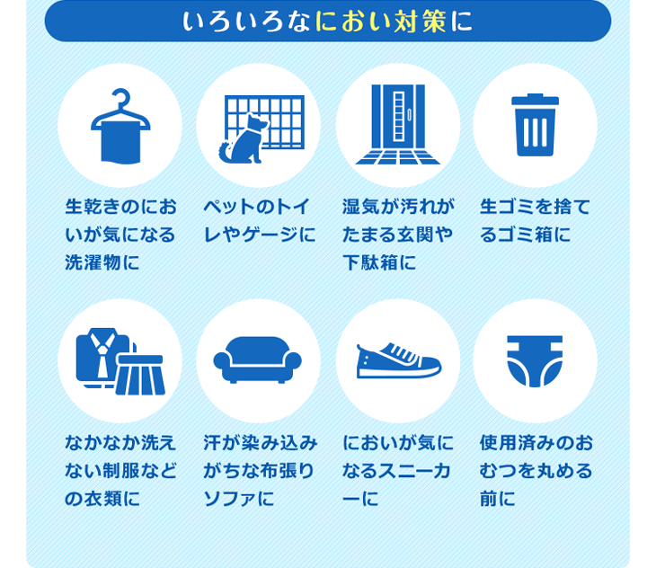 いろいろなにおい対策に 生乾きのにおいが気になる洗濯物に ペットのトイレやゲージに 湿気が汚れがたまる玄関や下駄箱に 生ゴミを捨てるゴミ箱に なかなか洗えない制服などの衣類に 汗が染み込みがちな布張りソファに においが気になるスニーカーに 使用済みのおむつを丸める前に