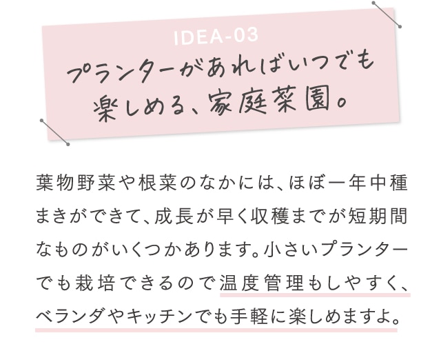 IDEA-03 プランターがあればいつでも楽しめる、家庭菜園。