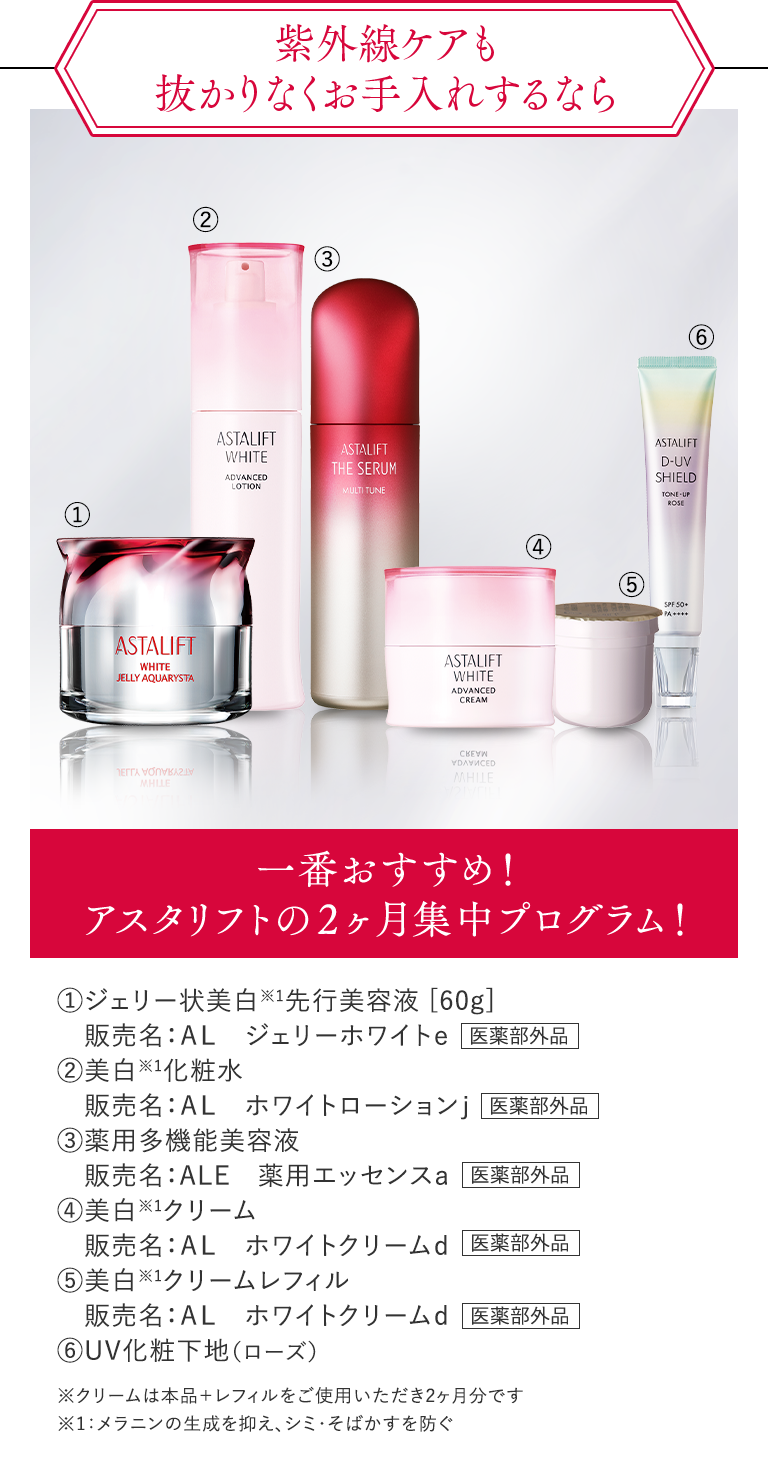 紫外線ケアも抜かりなくお手入れするなら 一番おすすめ！アスタリフトの2ヶ月集中プログラム！ (1)ジェリー状美白※1先行美容液[60g]（販売名：AL ジェリーホワイトe、医薬部外品） (2)美白※1化粧水（販売名：AL ホワイトローションj、医薬部外品） (3)薬用多機能美容液（販売名：ALE 薬用エッセンスa、医薬部外品） (4)美白※1クリーム（販売名：AL ホワイトクリームd、医薬部外品） (5)美白※1クリームレフィル（販売名：AL ホワイトクリームd、医薬部外品） (6)UV化粧下地（ローズ） ※クリームは本品＋レフィルをご使用いただき2ヶ月分です