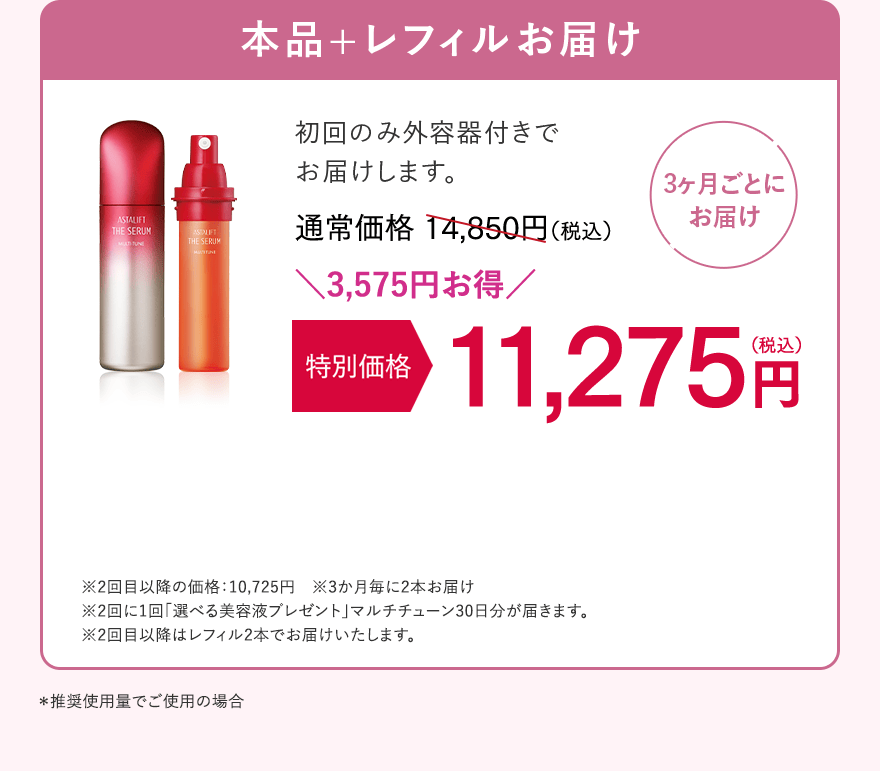 【3ヶ月ごとにお届け】本品+レフィルお届け 初回のみ外容器付きでお届けします。通常価格14,850円（税込）が、特別価格 11,275円（税込）。3,575円お得！