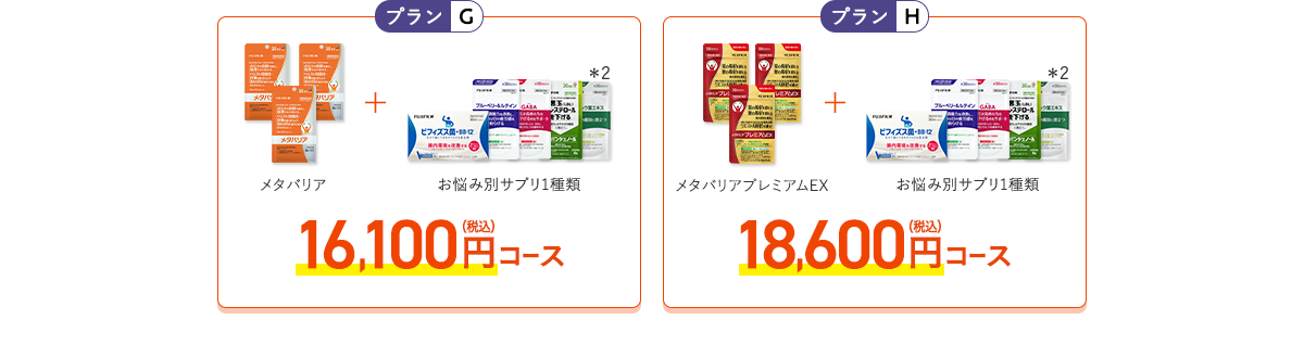 ［プランG］メタバリア+お悩み別サプリ1品 16,100円（税込）コース［プランH］メタバリアプレミアムEX+お悩み別サプリ1品 18,600円（税込）コース
