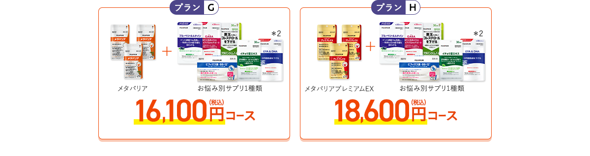 ［プランG］メタバリア+お悩み別サプリ1品 16,100円（税込）コース［プランH］メタバリアプレミアムEX+お悩み別サプリ1品 18,600円（税込）コース