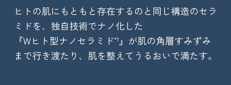 ヒトの肌にもともと存在するのと同じ構造のセラミドを、独自技術でナノ化した『Wヒト型ナノセラミド*1』が肌の角層すみずみまで行き渡り、肌を整えてうるおいで満たします。