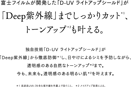 富士フイルムが開発した「D-UV ライトアップシールド」が「Deep紫外線」までしっかりカット＊1、トーンアップ＊2も叶える。